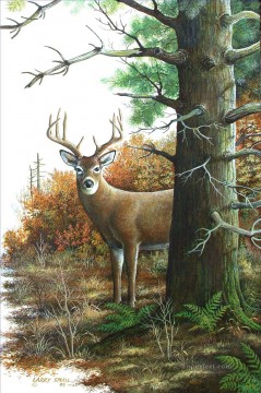 動物 Painting - 木の後ろの鹿